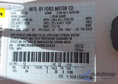 2022 Ford Bronco Sport Big Bend z USA, uszkodzony, nr VIN 3FMCR9B63NRE32433